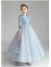 Elbow Sleeves Blue Star Lace Tulle Flower Girl Dress